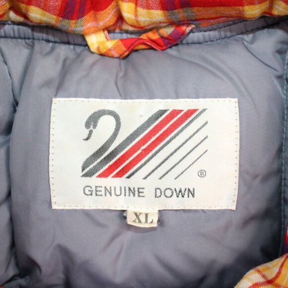 Vintage 80s XL Rainbow Trim Genuine Down Blue Coat Jacket Ski Snowboard Winter - Picture 5 of 12